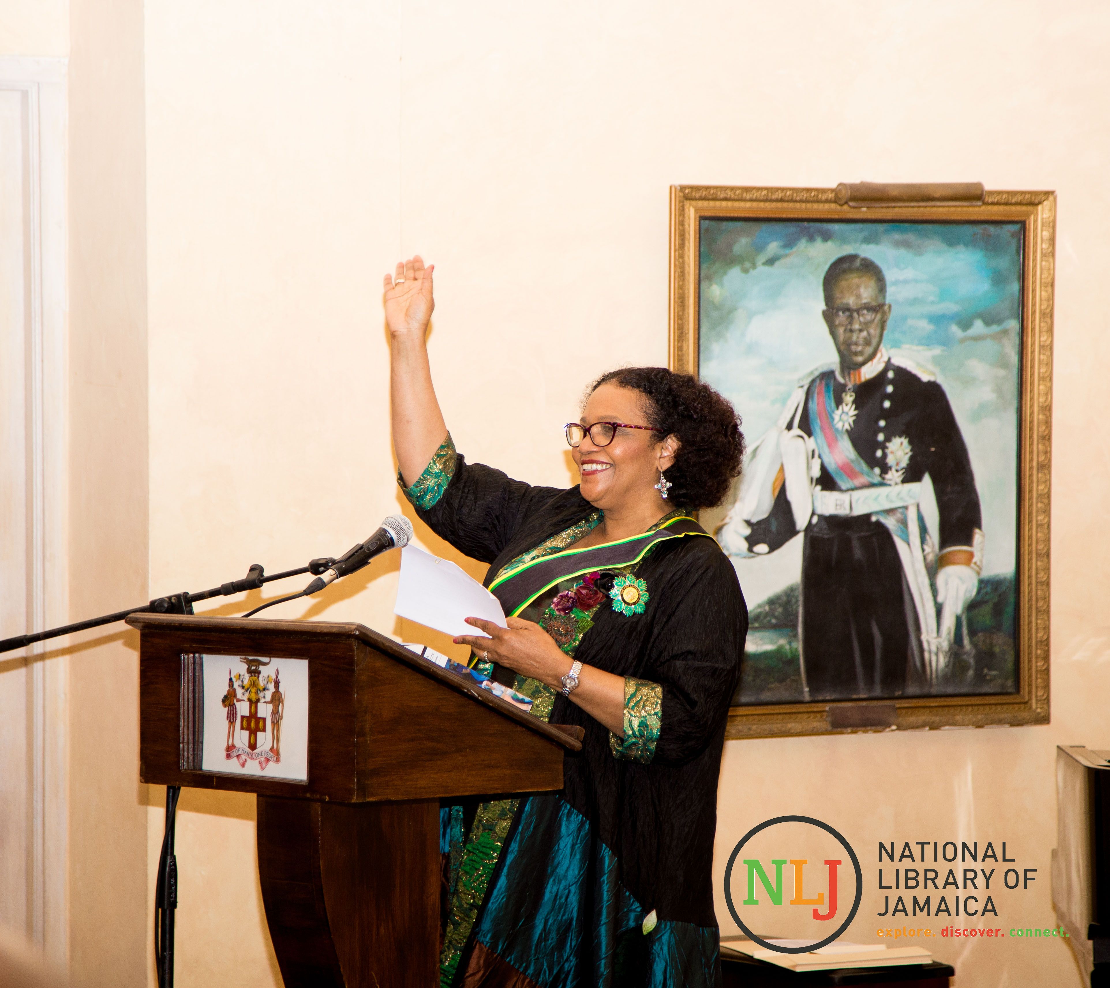 Poet Laureate of Jamaica, Lorna Goodison addresses the gathering in the King's House Ballroom
